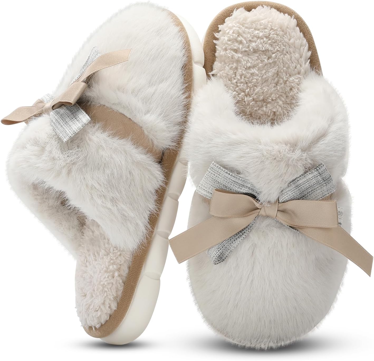 71363bznbuL._AC_SL1500_.jpg Cute Women's Memory Foam House Slippers - Fuzzy Plush Faux Fur Slippers with Bow Butterfly Tie - Anti-Skid Indoor/Outdoor Gifts for Women, Moms & Ladies - Image 1