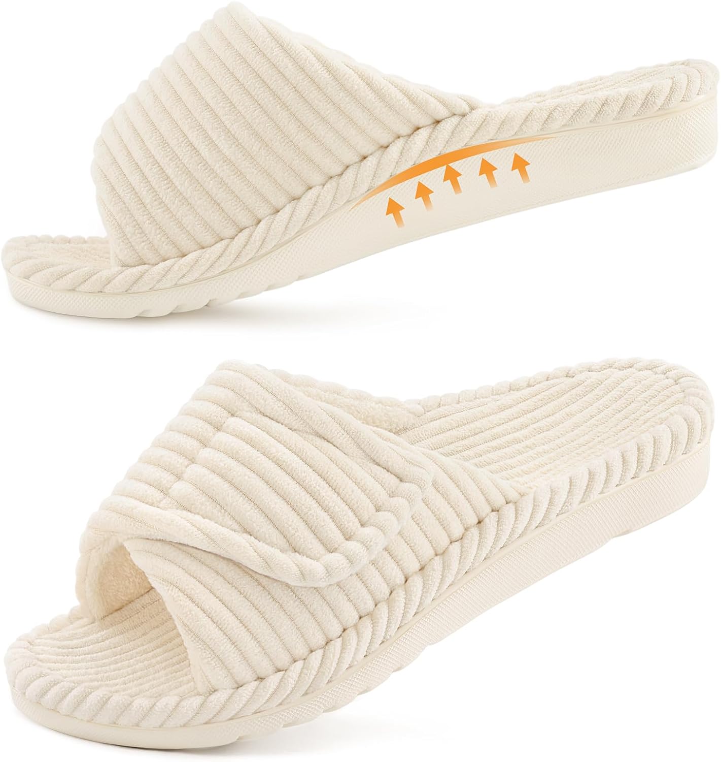 71Jygmva5rL._AC_SL1500_.jpg Orthopedic Slippers for Women Arch Support Indoor House Slippers Adjustable Open Toe Corduroy Bedroom Shoes with Memory Foam for Plantar Fasciitis - Image 1