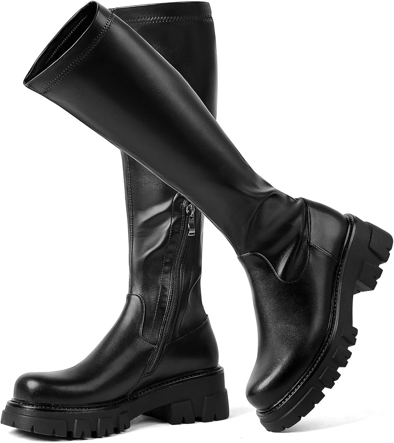 71V1Ju26qL._AC_SL1500_.jpg Women's Knee High Boots Black Tall Boot Lug Sole Shoes Stretch Below the Knee Comfortable Thick Sole Dressy Half Zipper - Image 1