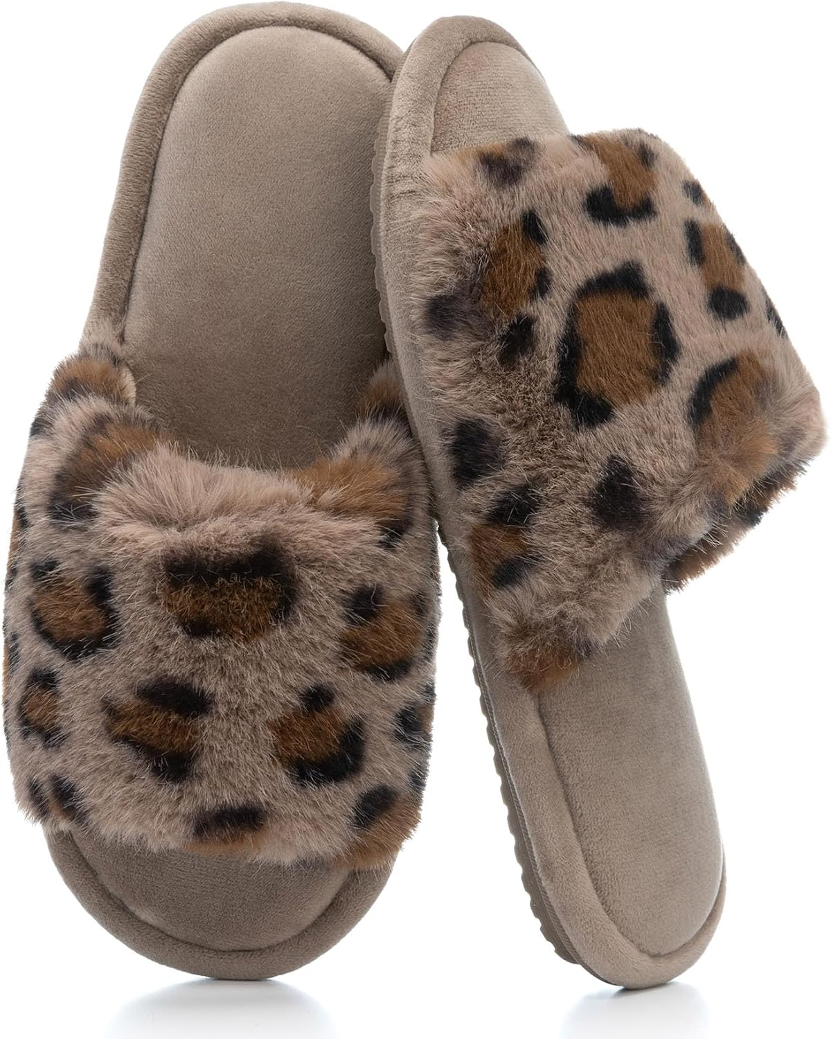 71wGTtmupiL._AC_SL1500_.jpg Women's Fuzzy Open-Toe House Slippers with Memory Foam - Leopard Print Cheetah Plush Cozy Cute Slipper Indoor/Outdoor Soft Slip On Slides Gifts for Women Mom Her Ladies - Image 1